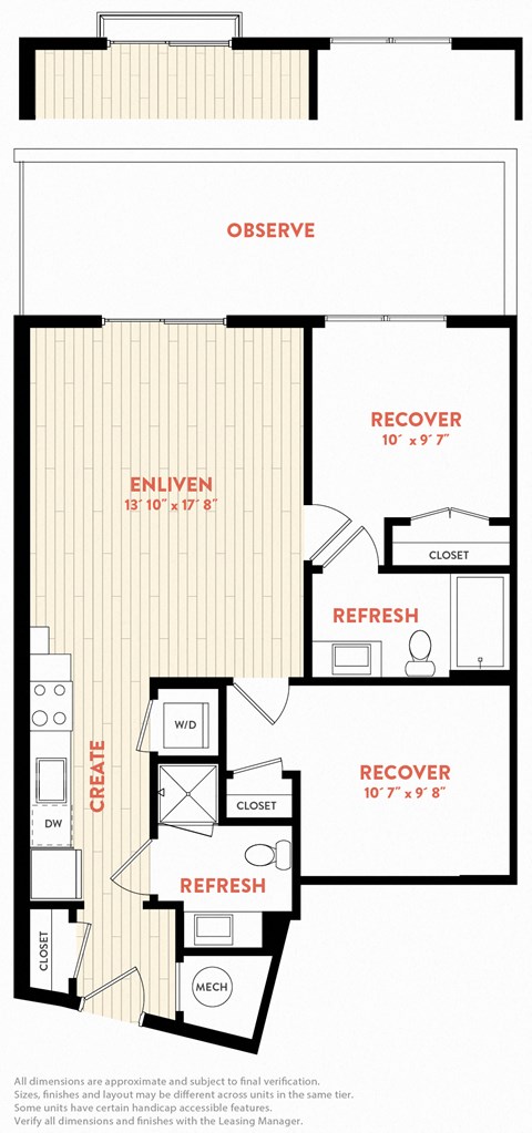 Floor plan for 2 beds, 2 baths, 808 sqft